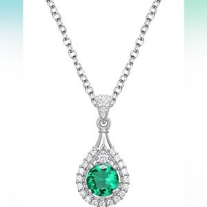 Emerald Green Round cut, Simulated Gemstone, Waterdrop Pendant Silver Necklace